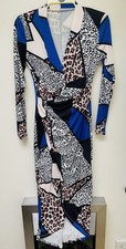 Ladies Blue White Leopard Print Stretch Cross Over Midi Dress Party 10 12 Xmas
