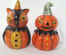 Johanna Parker Halloween Transpac Pumpkin Man Owl in Hat Salt Pepper Shakers NWT