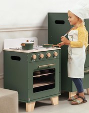 Vintage Wooden Toy Kitchen Oven for Kids, Pretend Play Oven with Push-Pull Ba...