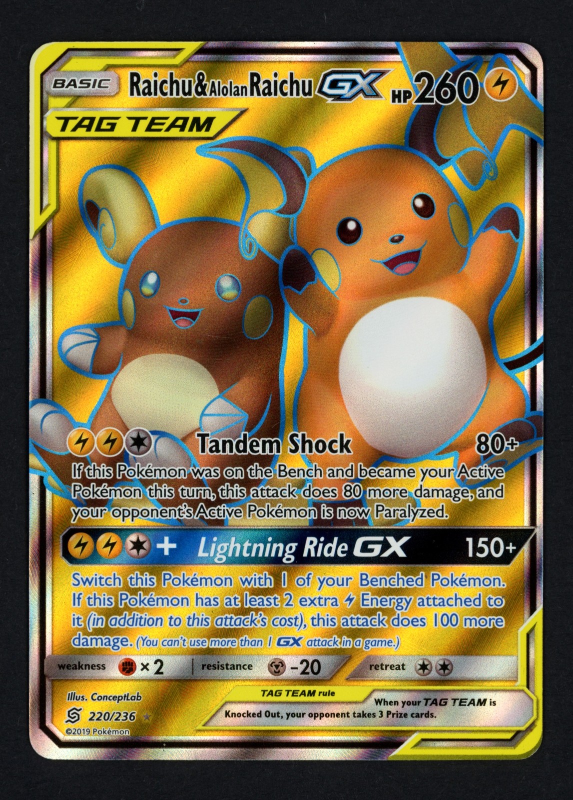Raichu & Alolan Raichu GX 220/236 SM - Unified Minds Full Art Ultra Rare Pokemon