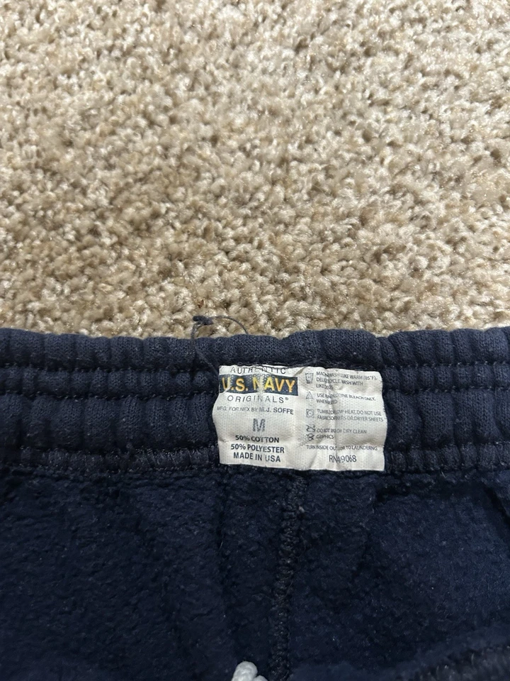 90s US Navy Issued Sweatpants Mens Medium Blue Yellow Spellout Logo USA - Image 3 of 4
