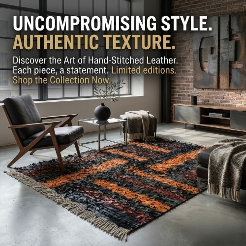 Luxury Genuine Leather Shag Rug – Hand-Finished Designer Floor Decor 14-70 - Afbeelding 1 van 13