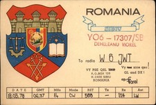 QSL radio card YO6-17307/SB 1978 Sibu Romania USSR Virorel Crest Castle Swords