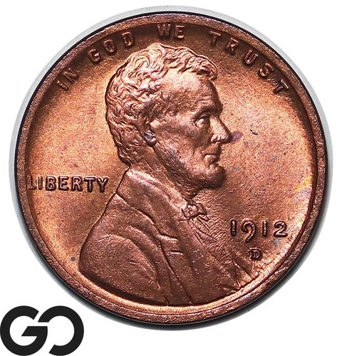 1912-D Lincoln Cent Wheat Penny, RED, RARE This Nice, Solid Gem BU++ RD Key Date