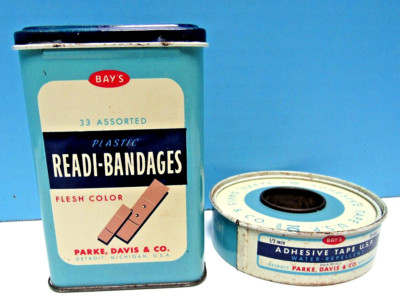 VINTAGE 1950's BAYS READI-BANDAGES & ADHESIVE TAPE TINS - PARKE DAVIS & CO