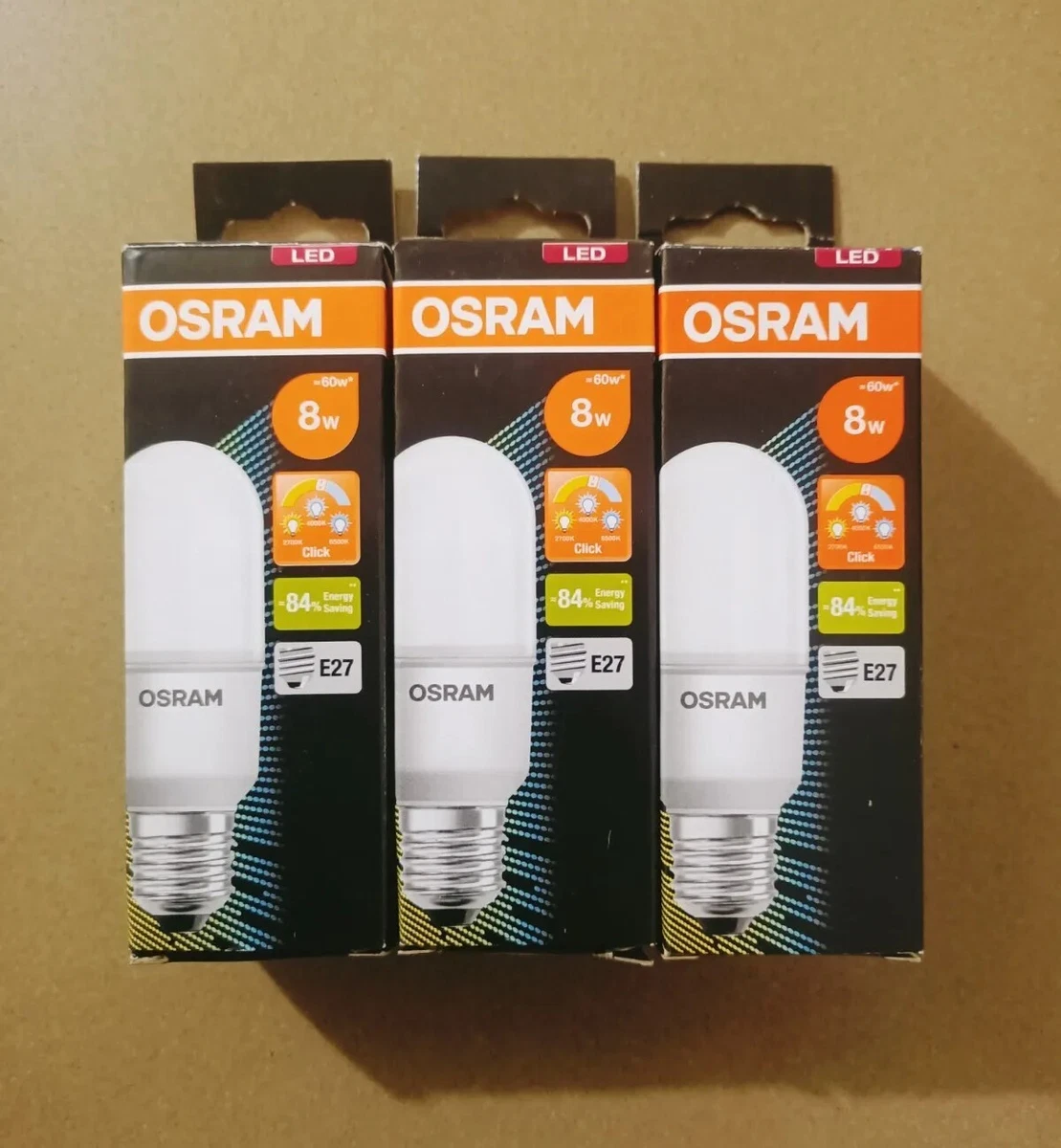 Osram 8W E27 750 850 Lumens LED Warm White or Daylight Slim Stick Bulb 3 Pack