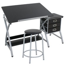 MDF Drafting Table Drawing Desk Art Hobby Folding Adjustable w/ Stool  Drawers