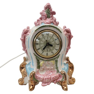 Lanshire Ceramic Mantle Clock, Painted Iridescent 11'' w/ Cherubs, Works! XL7