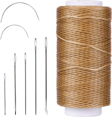 Khaki 150m Waxed Leather Thread with Needles for Crafting & Repair