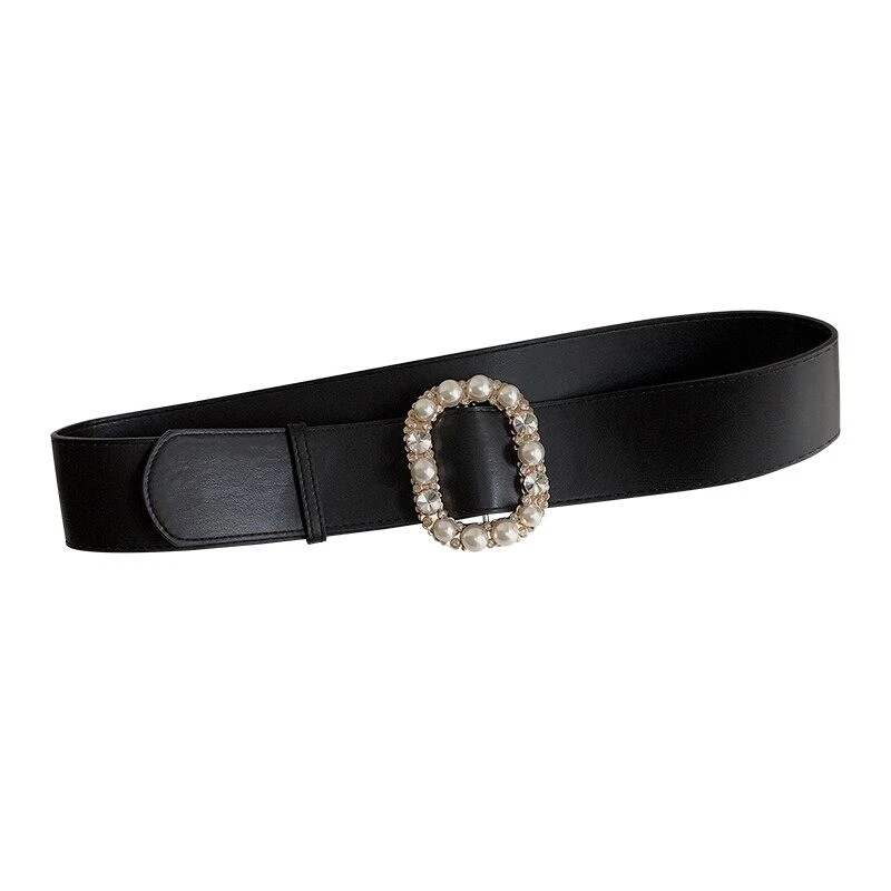 Women Luxury Belt Wide Black Soft Faux Leather Pearl Rhinestone Accessories