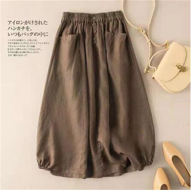 Women A Line Skirt Cotton Linen Elastic Waist Pocket Skirt Casual