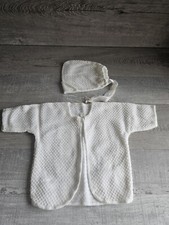 Vintage Baby Boy Girl Knit White Sweater Set Bonnet Unisex Infant 0-3 Months