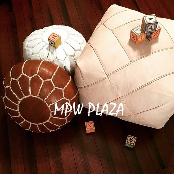 MPW Plaza Mini Pouf, Brown Moroccan Leather Footrest - Image 2 of 2