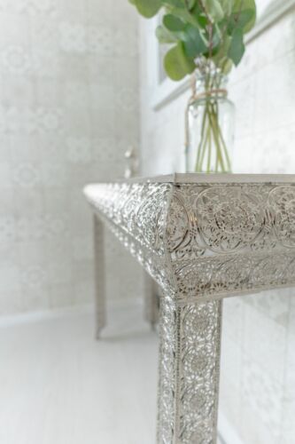 Silver Embossed Metal Glass Moroccan Style Console Table (GZ420) - Picture 7 of 10