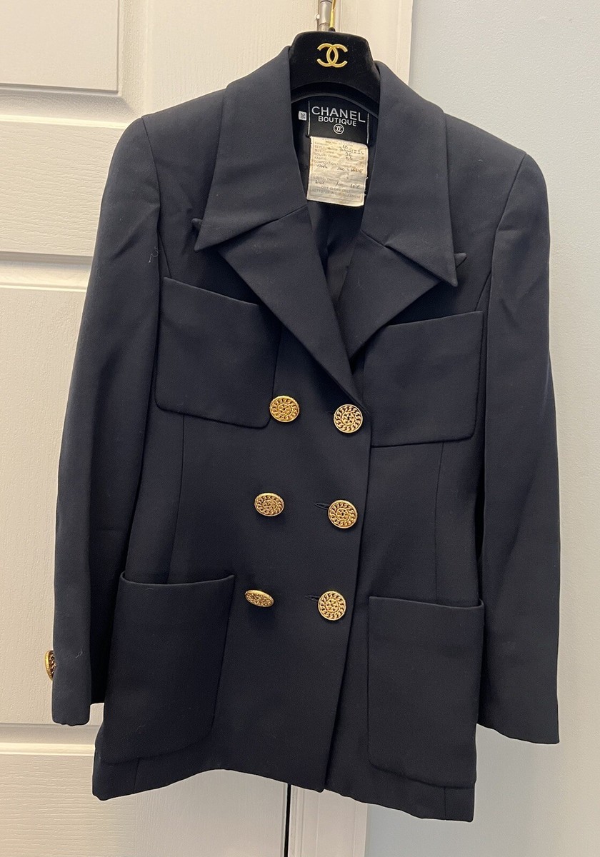 Chanel Double Breasted Wool Navy Blue Blazer With GoldLogo