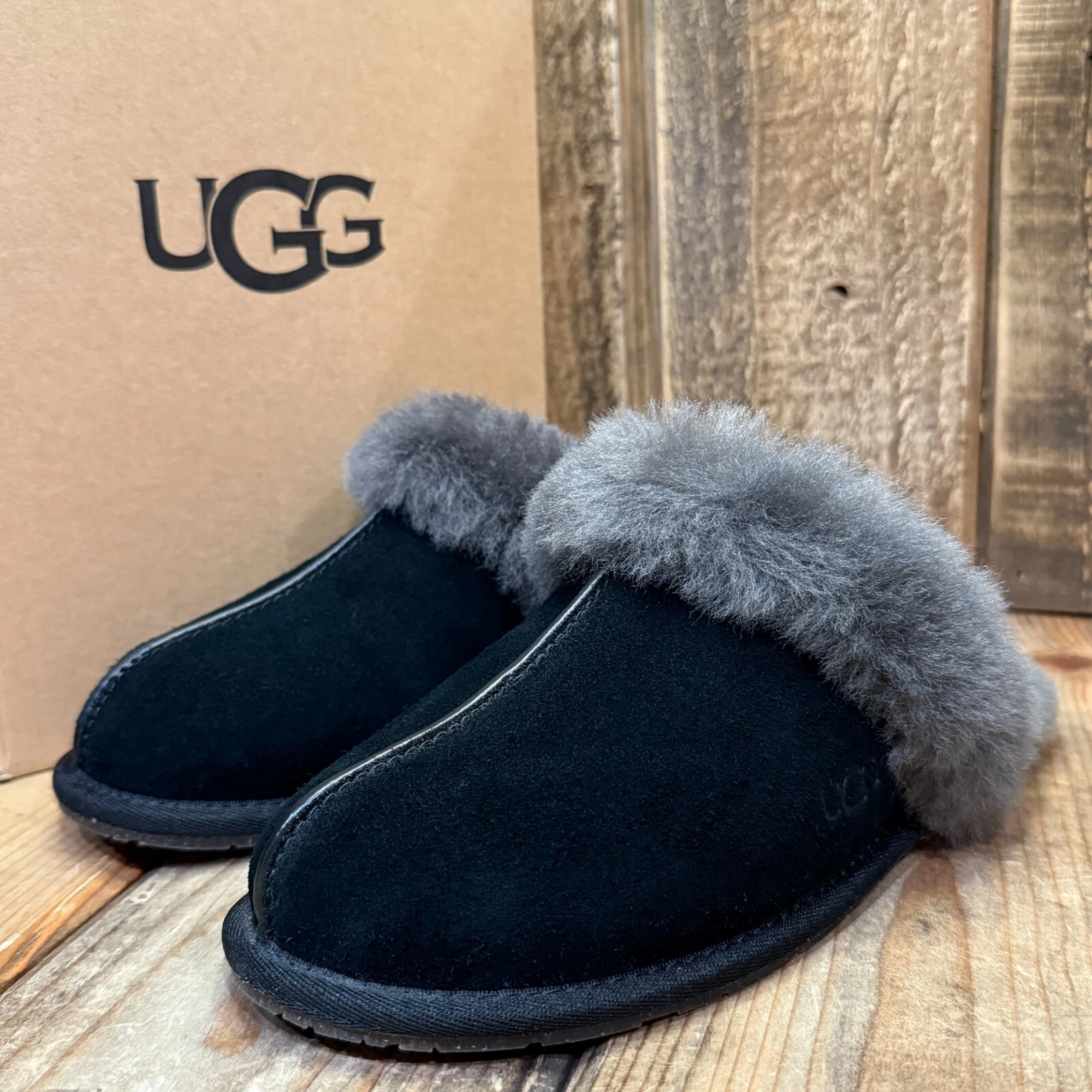 UGG PANTOFOLA DONNA SCUFFETTE II TAGLIA US 5 CAMOSCIO LANA ~ NERO GRIGIO