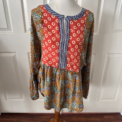 Tolani 100 Percent Silk Boho Tunic Red Floral Multicolor Long Sleeve Size Medium