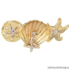 New 14k Two Tone Gold Sand Dollar Seashell with Mermaid, Starfish Slide Pendant