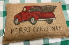 RED TRUCK MERRY CHRISTMAS PILLOW with TREE Natural Burlap Pillow 12" x 8"