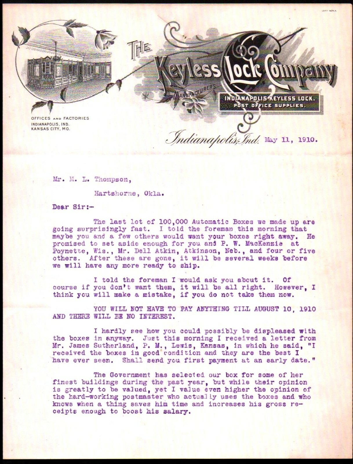 Keyless Lock Co 1910 Indianapolis History Rare Letter head Bill eBay