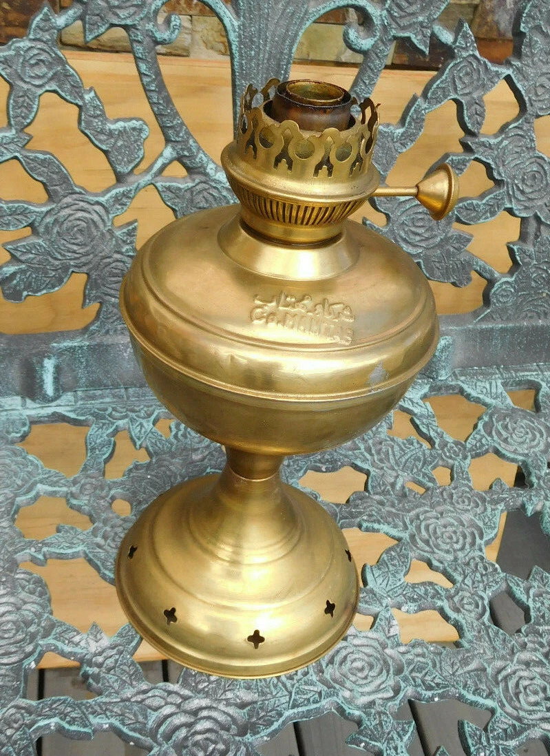 Vintage Brass Oil Lamp Base Burner Co. Man Tab Arabic Writing Iranian 12