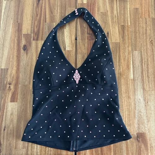 Cache Y2K Halter Baby Doll Top Black Pink Rhinestone Fairy Whimsigoth Festival - Picture 3 of 16
