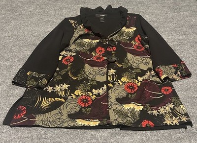 Ali Miles Women s M Black Two Button Floral Print Cardigan Cover Polyester EUC