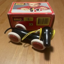Vintage BRIO WOODEN DACHSHUND DOG PULL TOY In Box
