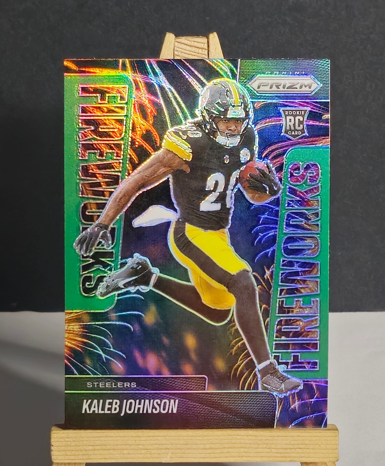 2025 Prizm #4 Kaleb Johnson RC GREEN HOLO PRIZM Fireworks Insert Steelers Rookie