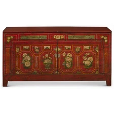 US SELLER - Distressed Red Elmwood Floral Motif Chinese Sideboard Cabinet