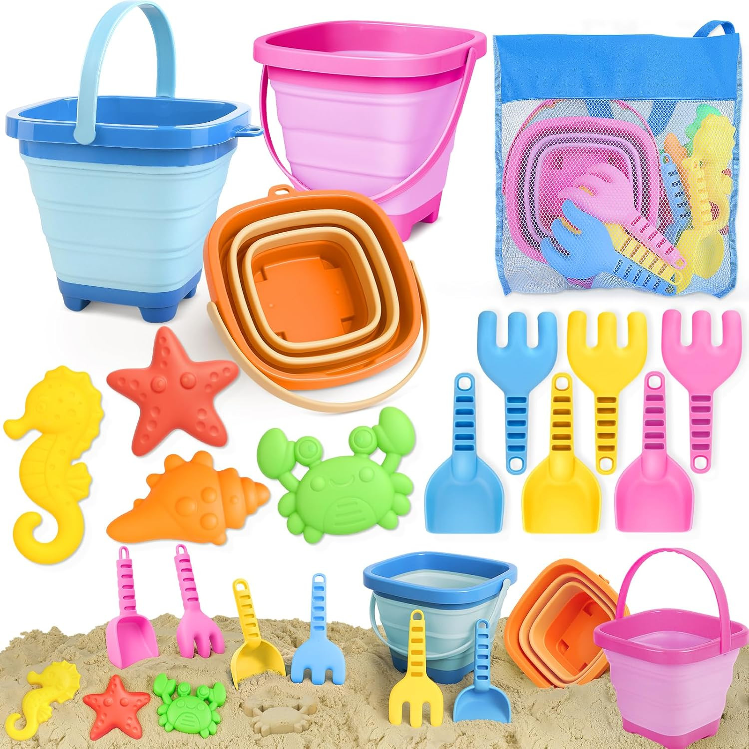Beach Sand Toys for Kids Bucket and Spade Castle Sand Pit Toy with Collapsible F