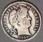 1908 P Barber Dime 10C Cents Coin Silver, VG+!