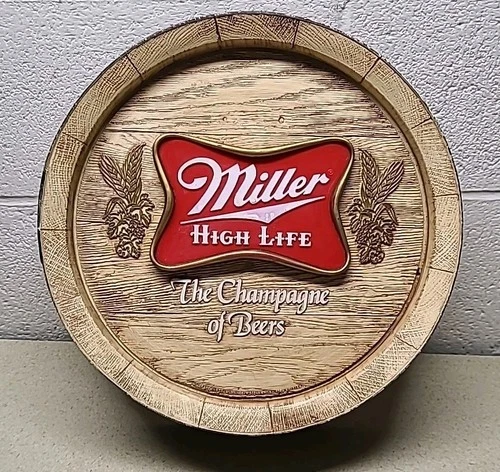 Vtg Miller High Life The Champaign Of Beer Keg Barrel Top Wall Sign 15" x 4"