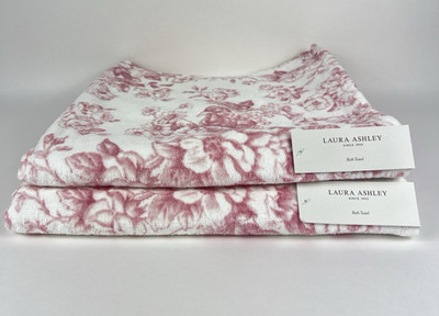 Laura Ashley Bath Towels Pink White Toile Floral Soft Velour Cotton 2 Pc Set NEW