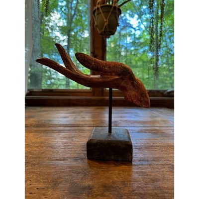 Vintage Carved Wood Buddha Hand Sculpture Vitarka Mudra Statue on Stand Gold Red