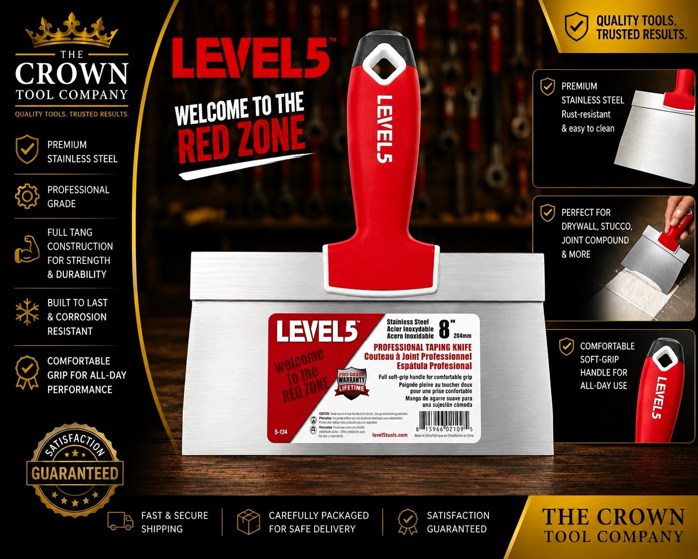 LEVEL5 8” Professional Drywall Taping Knife Stainless Soft Grip 5-134