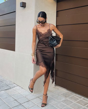 ZARA NEW FW25 ZW COLLECTION ASYMMETRIC LACE DRESS5 BROWN 5919/200
