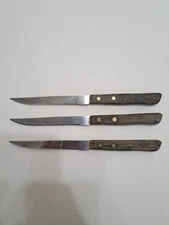 Vintage Hanford Forge Japan Stainless Steel 3 Piece Wood Handle Steak Knives Set