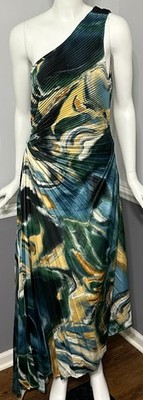 Socialite Print Asymmetric Hem Pleated Maxi Dress Teal Bronze Swirl Size M  | eBay