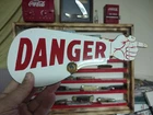 VINTAGE DANGER POINTING HAND ARM PORCELAIN METAL SIGN AUTO PARTS GAS OIL MOTOR
