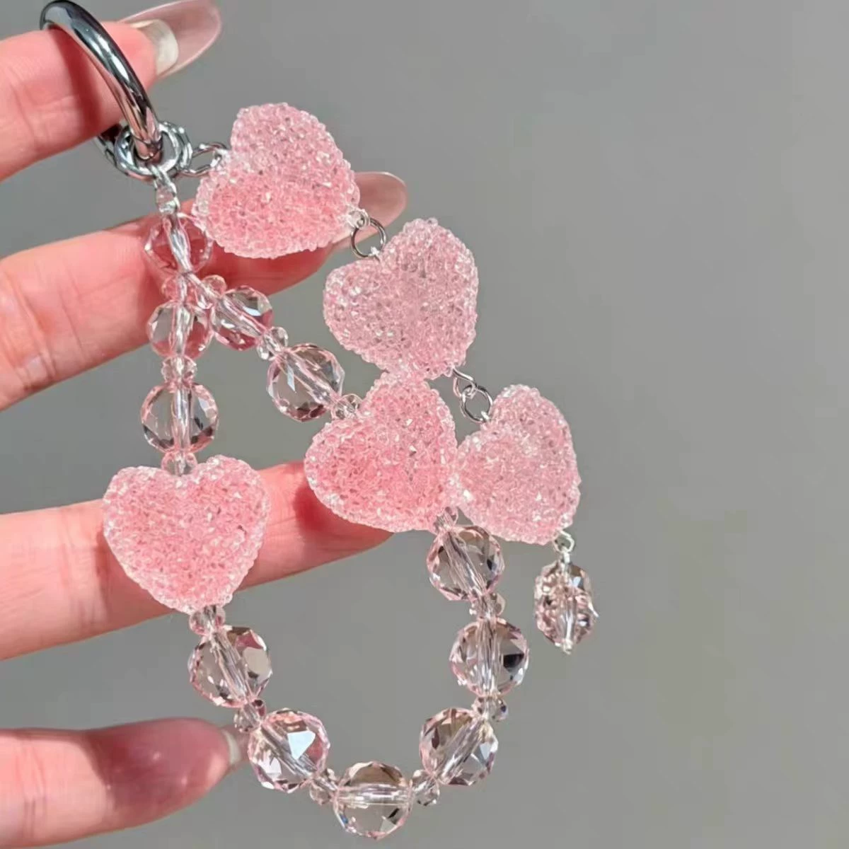 Sparkly Pink Heart Beaded Keychain Crystal Bag Charm Wrist Key Ring for ...