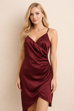 PrettyLittleThing Burgundy Satin Wrap Dress Size 6 Spaghetti Strap Mini