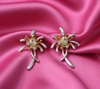 Firework Starburst Earrings Flower Gold Silver Stud CZ Crystal VTG Abstract Boho