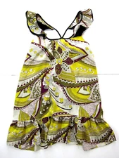 Voom Joy Han 100% Silk Yellow Black Purple Floral Cap Sleeve Tunic Tank Dress M