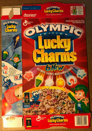 Lucky Charms Olympic Edition New Marshmallows Cereal Box Atlanta FLAT 1996 16000275270 | eBay