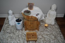 Professional Cedar Wood Yoni Vsteamer/Foot Steamer with a wooden foot massager.