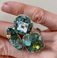 Unique Green Crystal Glass Art Statement Cocktail Ring One Of A Kind Size 5
