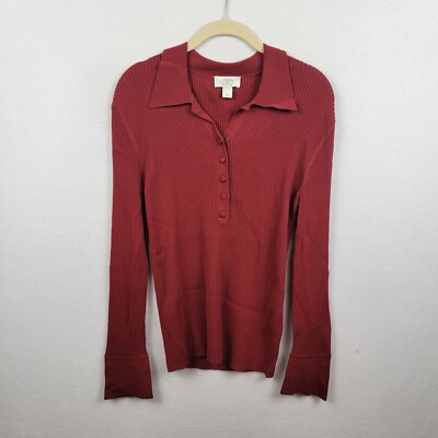 Ann Taylor Loft Brick Red Ribbed V-Neck Maternity Sweater Size L Buttons Collar