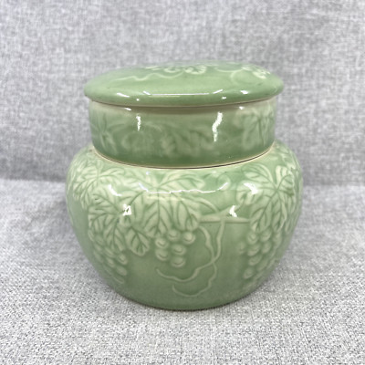 asian ginger jar 3 piece celedon glaze embossed grapes and leaves 5'' x5''