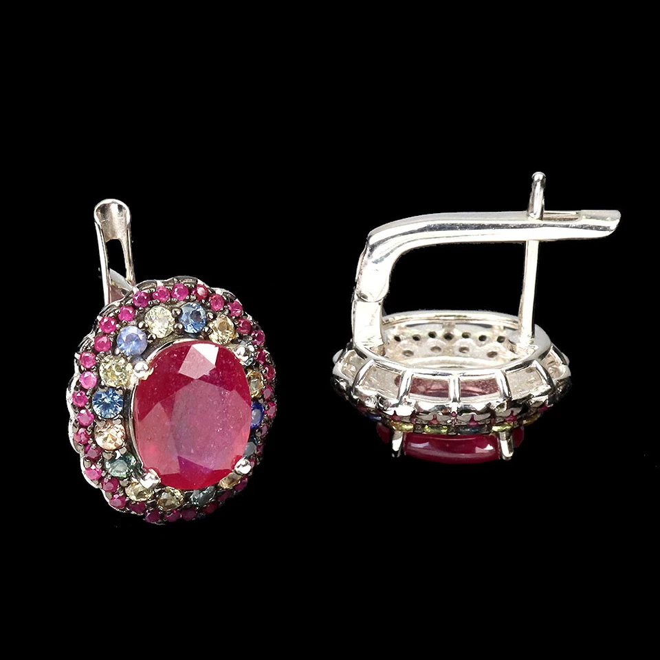 925 Sterling Silver Earrings Oval Ruby Round Ruby Myanmar Sapphire Gemstone - Image 3 of 4